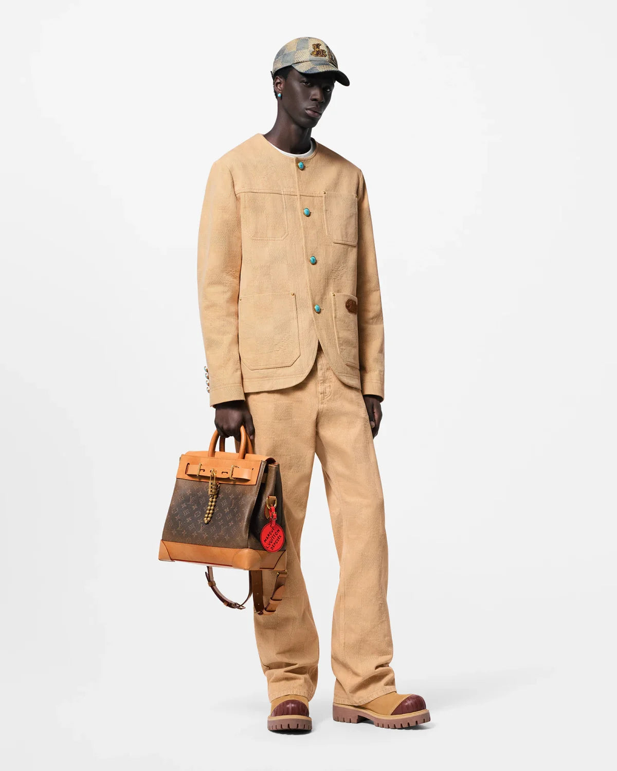Louis Vuitton Men's Spring And Autumn Damier Collarless Cotton Lettered Jacquard Workwear Jacket Casual Solid Color Work Pants #71922