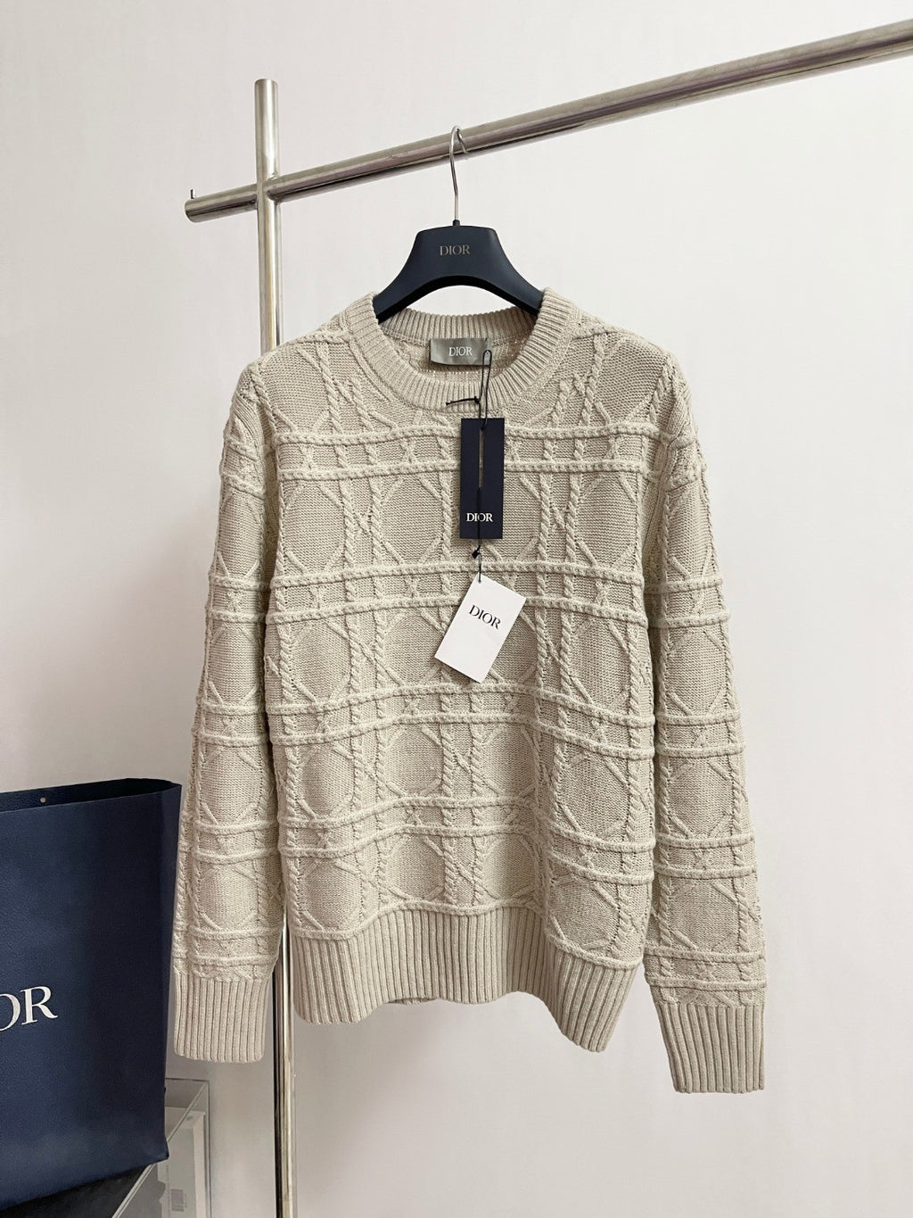 Dior Men's Spring and Autumn Solid Color Printed Ribbed Crew Neck Knit Sweater #75185