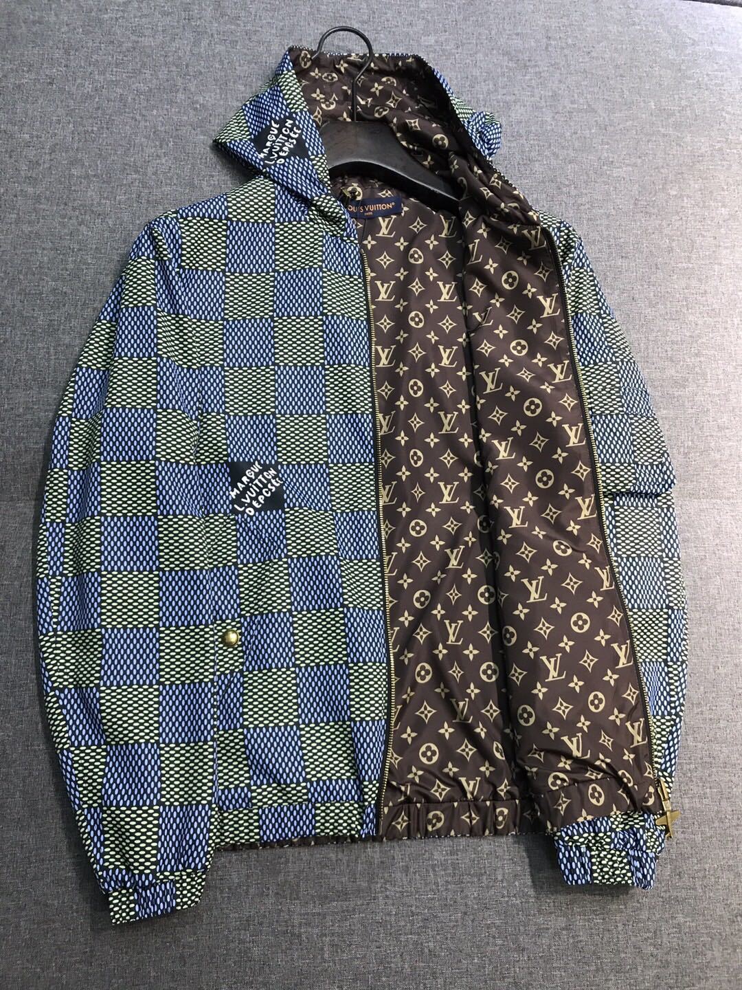 Louis Vuitton Men's Spring and Autumn Plaid Reversible Windproof Hooded Zipper Long Sleeve Jacket #75341