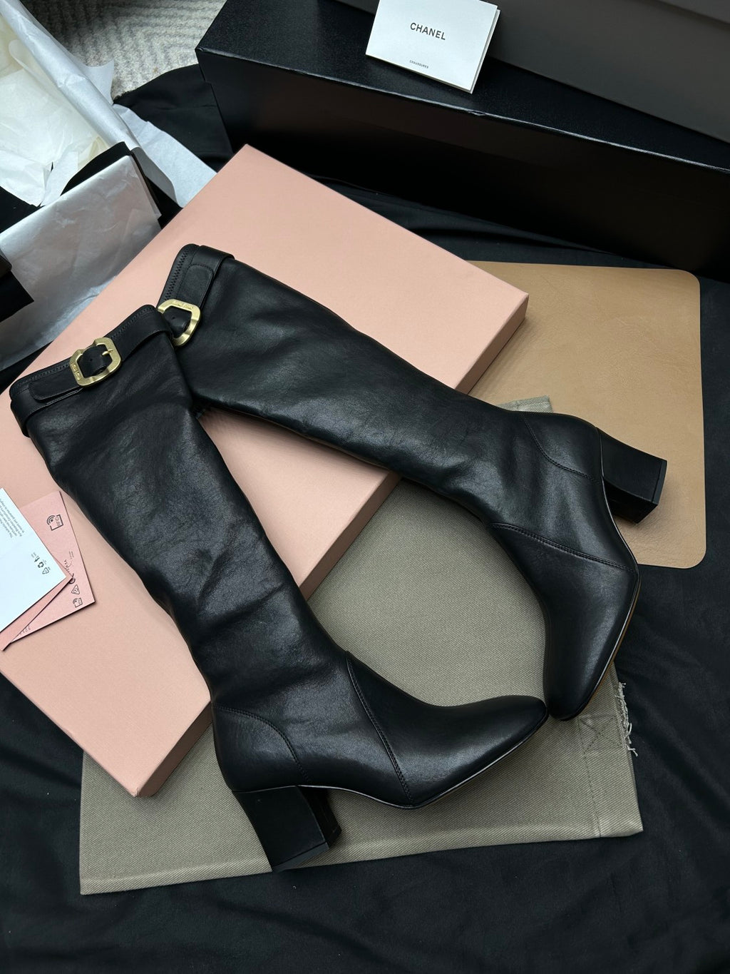 MiuMiu Women's Fall/Winter Fashion Classic Solid Color Leather Round Toe Sleeve Style Zipper Buckle Elastic Bare Leather Boots High Top Boots Shoes #79238