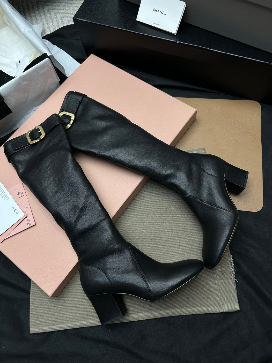 MiuMiu Women's Fall/Winter Fashion Classic Solid Color Leather Round Toe Sleeve Style Zipper Buckle Elastic Bare Leather Boots High Top Boots Shoes #79238