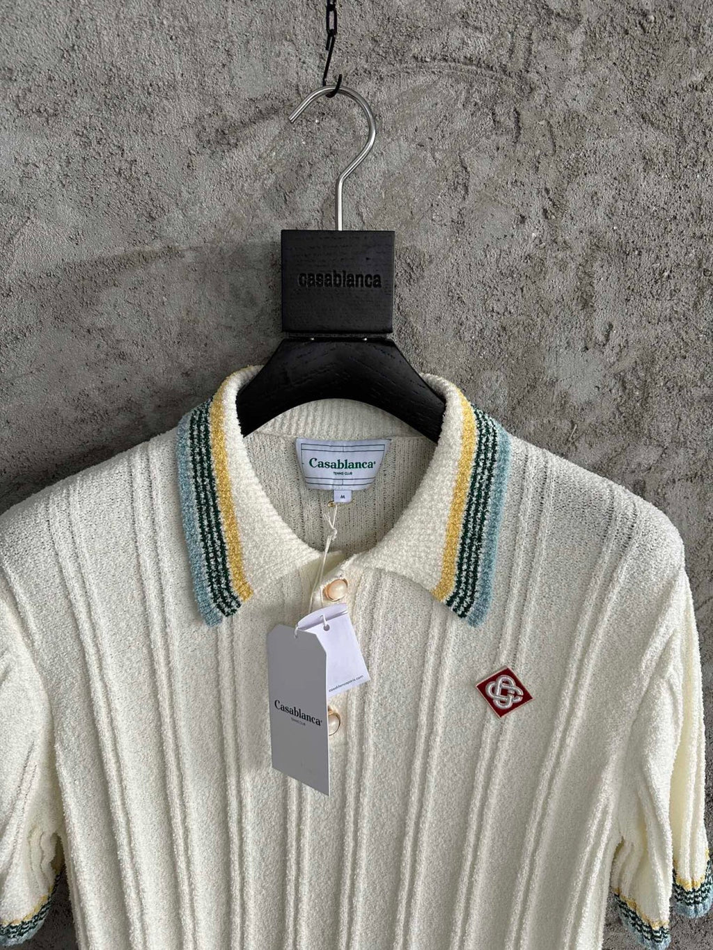 Casablanca Men's Summer White Striped Trim Comfortable Ribbed Knit Short Sleeve Polo T-Shirt #73227