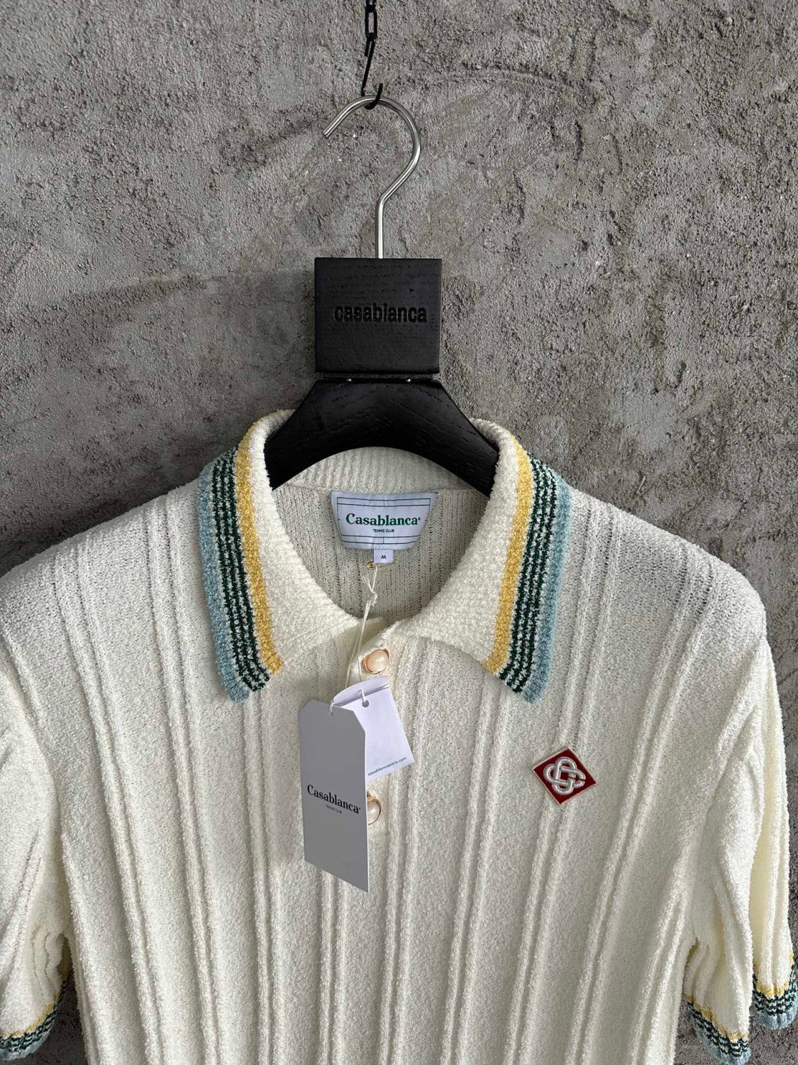 Casablanca Men's Summer White Striped Trim Comfortable Ribbed Knit Short Sleeve Polo T-Shirt #73227