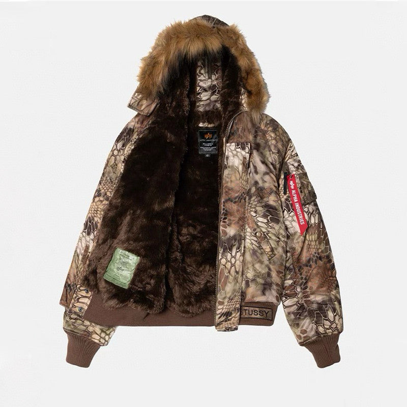 Stussy Men's And Women's Fall And Winter Fashion Python Print Hooded Fur Collar Short Jacket Casual Thickened Jacket Ngvp #7653