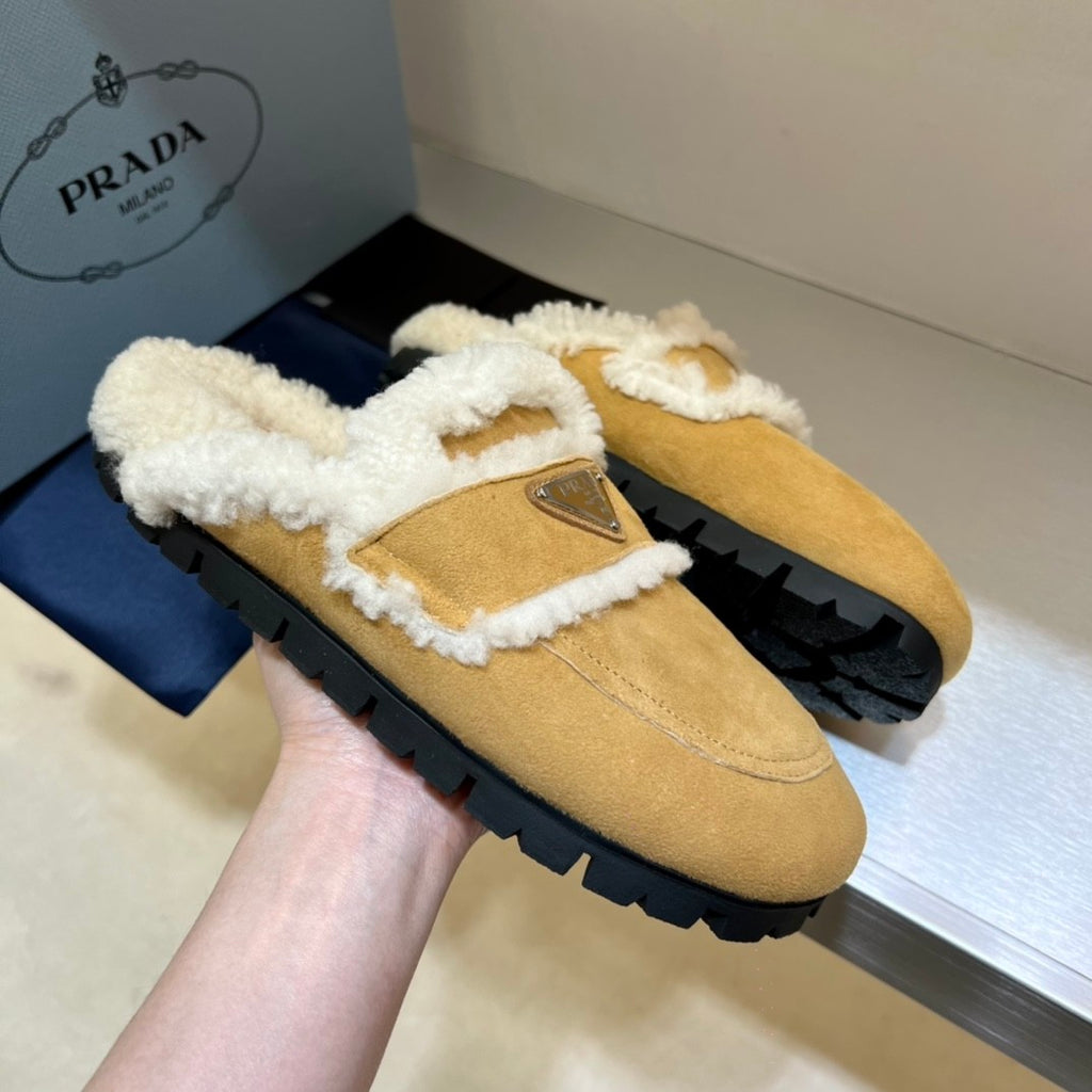 Prada Women's Fall/Winter Fashion Casual Round Toe Open Back Classic Logo Triangle Label Shearling Slippers Shoes #79521