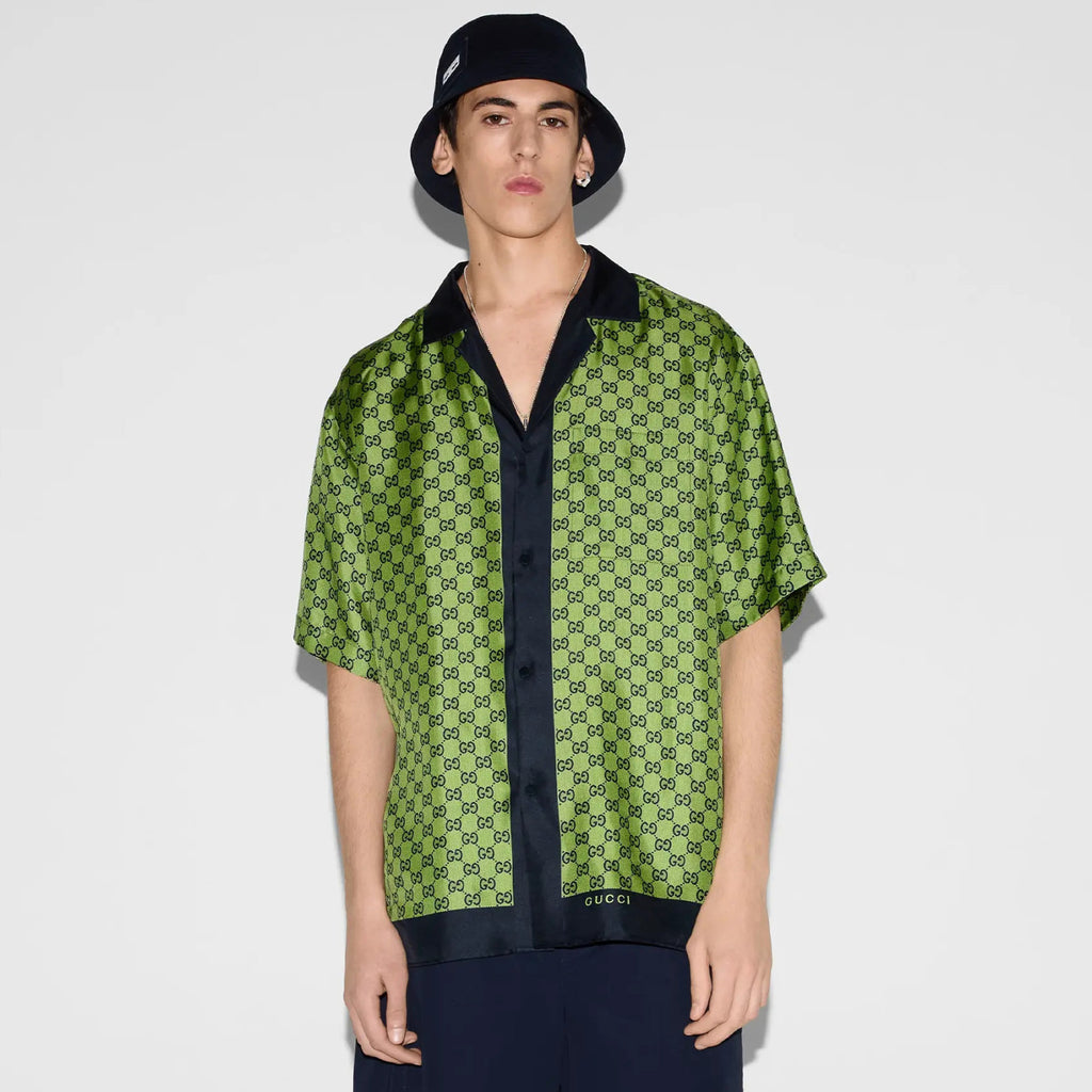 Gucci Men's Summer Logo Full Print Single Breasted Short Sleeve Shirt Stretch Waist Casual Shorts Set Suit #75939