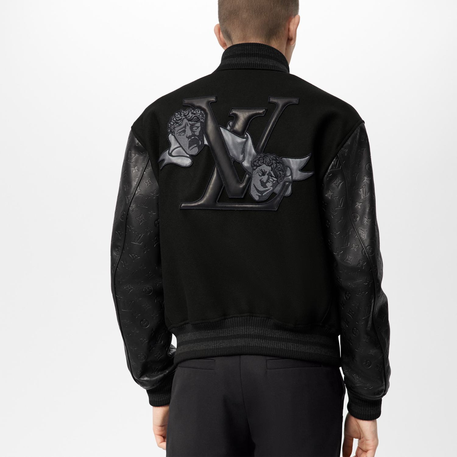 Louis Vuitton Men's Fall/winter Monogram Embossed Leather Drawstring Jacket Black Abstract Graffiti Logo Jacket Baseball Jersey  #71424