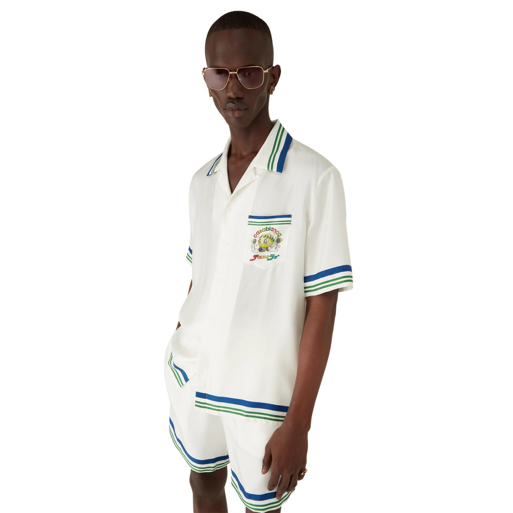Casablanca Men's Summer Fashion Casual Doll Print Tennis Pattern Collared Single Breasted Short Sleeve Silk Shirt with Waist Elastic Silk Shorts Suit Set #78746
