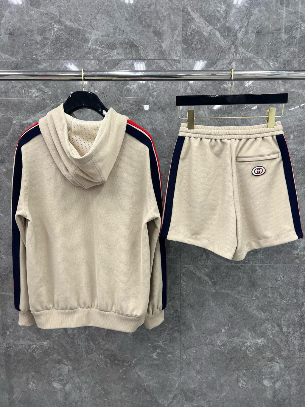 Gucci Men's Summer Striped Logo Print Hooded Sweatshirt Pullover Tie High Waisted Shorts Set Suit #98813