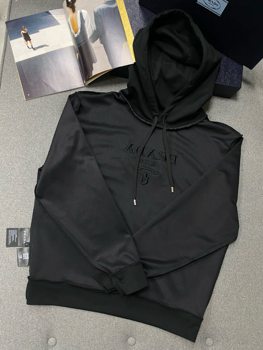 Prada Men's Autumn/Winter Black and White Embroidered Logo Drawstring Cotton Hooded Sweatshirt Pullover #97749