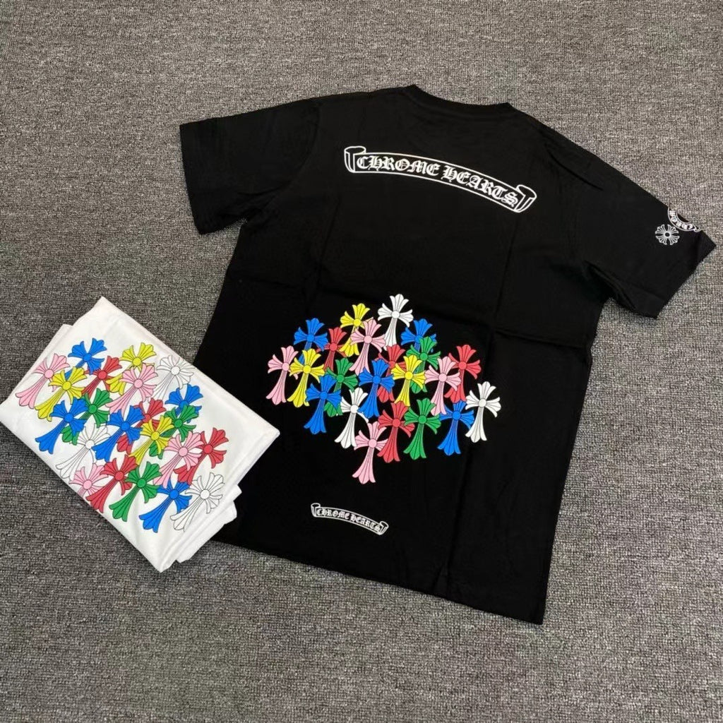 Chrome Hearts Men's Women's Summer Tide Sanskrit Letters Colourful Cross Logo Short-Sleeved T-Shirt Round Neck Short-Sleeved Casual T-Shirt #81147
