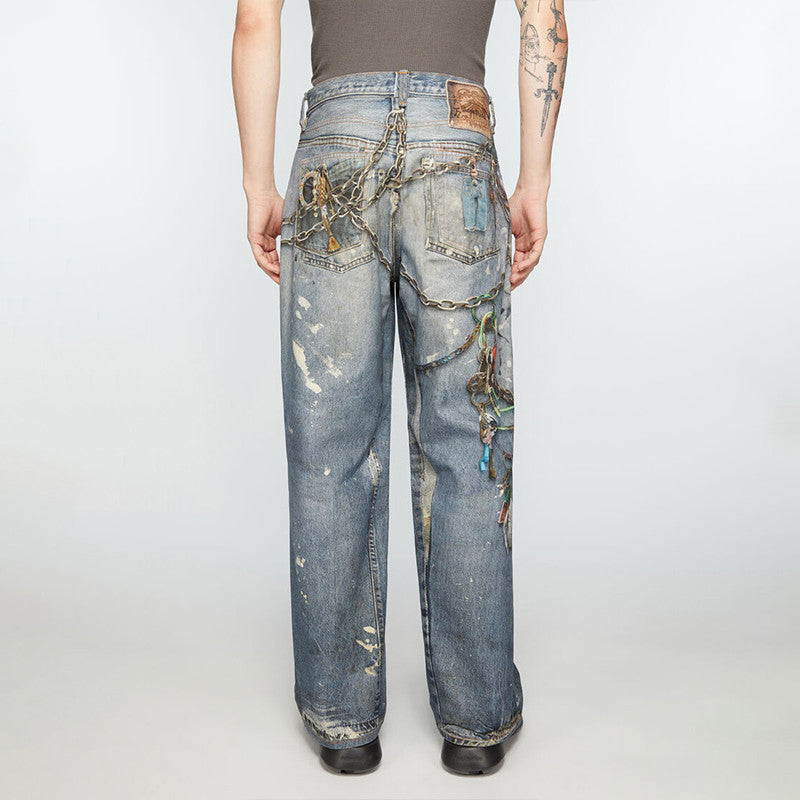 Acne Studios Men's And Women's 3DPrinted Pattern Loose Low Waisted Casual Wide Leg Solid Color Denim Pants Ngvp #8513