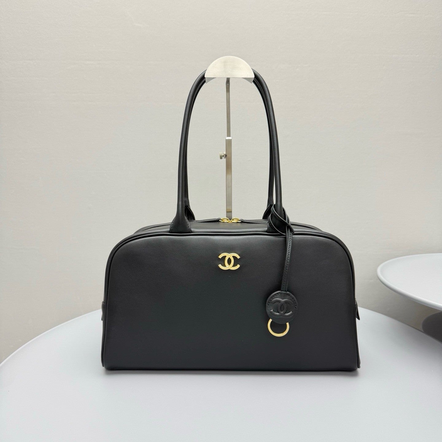 CHANEL Large Bowling Bag Calfskin Gold-tone Metal Black #383866