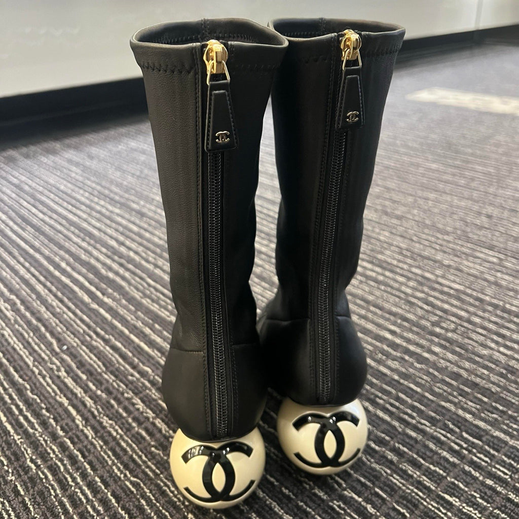 Chanel Women's Fall/Winter Fashion Classic Color Block Leather Round Toe Slip On Zipper Pearl Heel High Boots Pearl Boots Shoes #330870