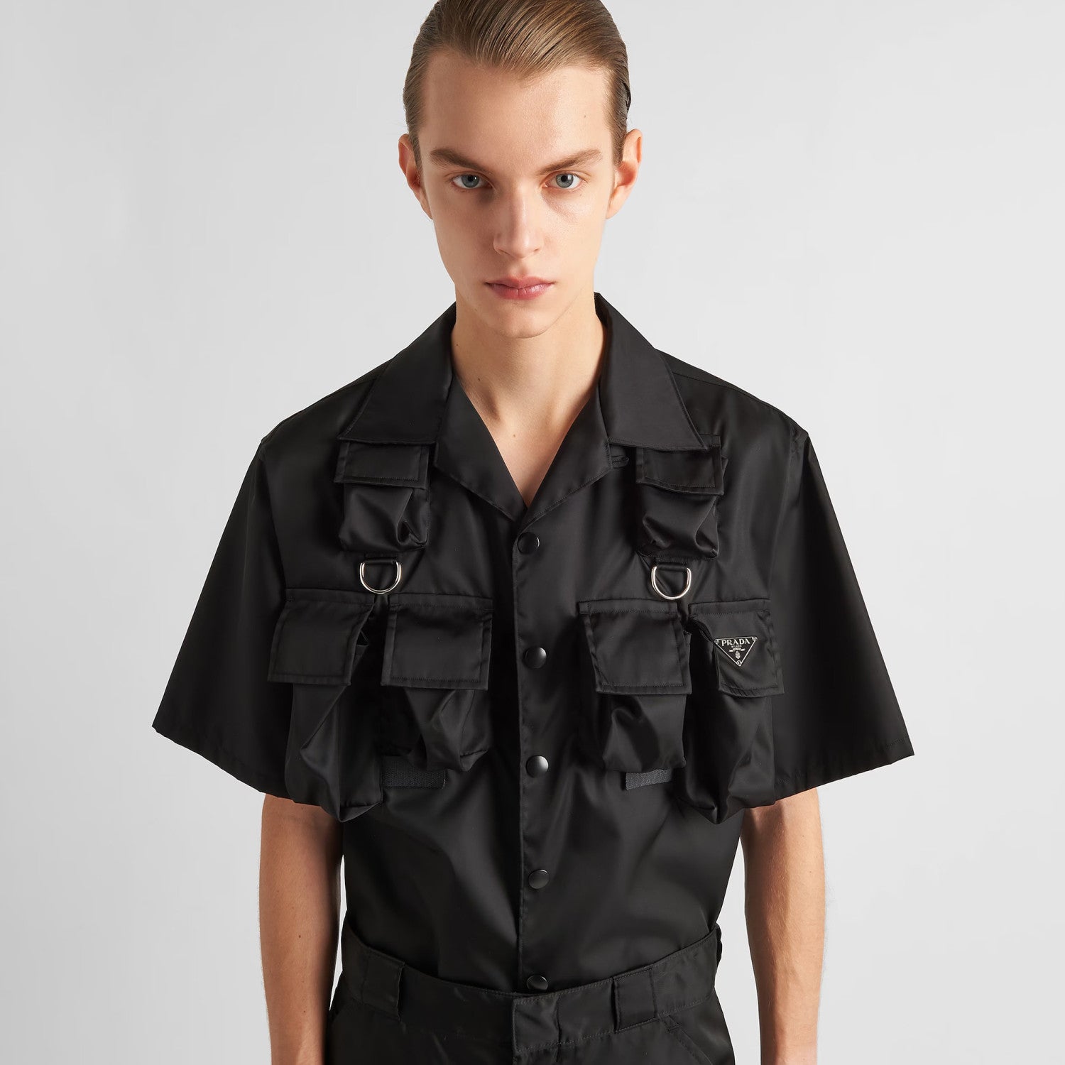 Prada Men's Black Gold Triangle Logo Multi-Pocket Single Breasted Casual Short Sleeve Shirt #98829