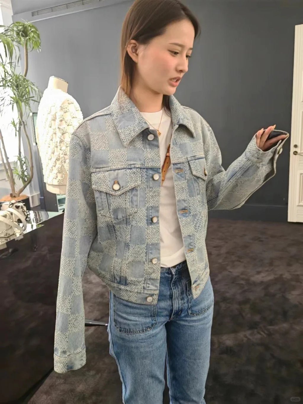 Louis Vuitton Men's Fall And Winter Mto Embellished Damier Denim Jacket Checkerboard Checkered Jacket With Diamonds Fashionable Versatile Jacket Ngvp #9126