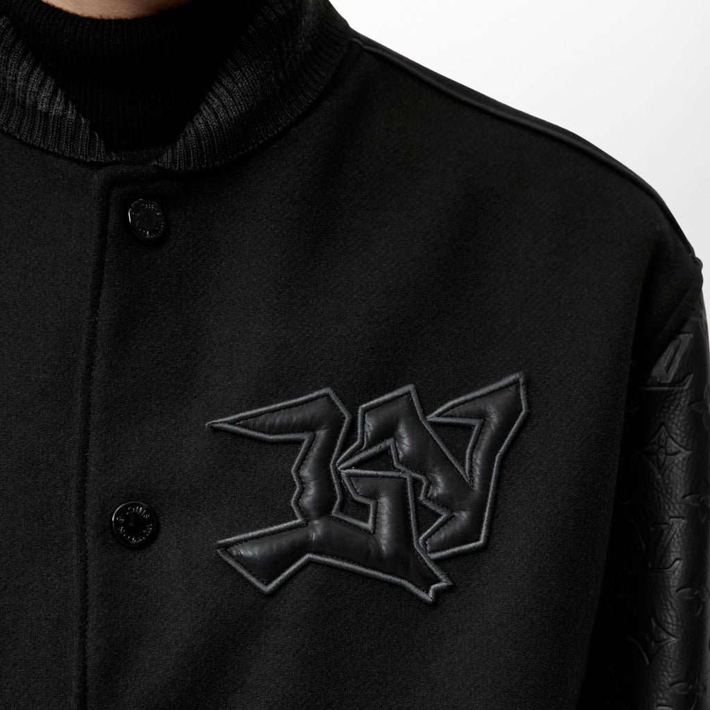 Louis Vuitton Men's Fall/winter Monogram Embossed Leather Drawstring Jacket Black Abstract Graffiti Logo Jacket Baseball Jersey  #71424