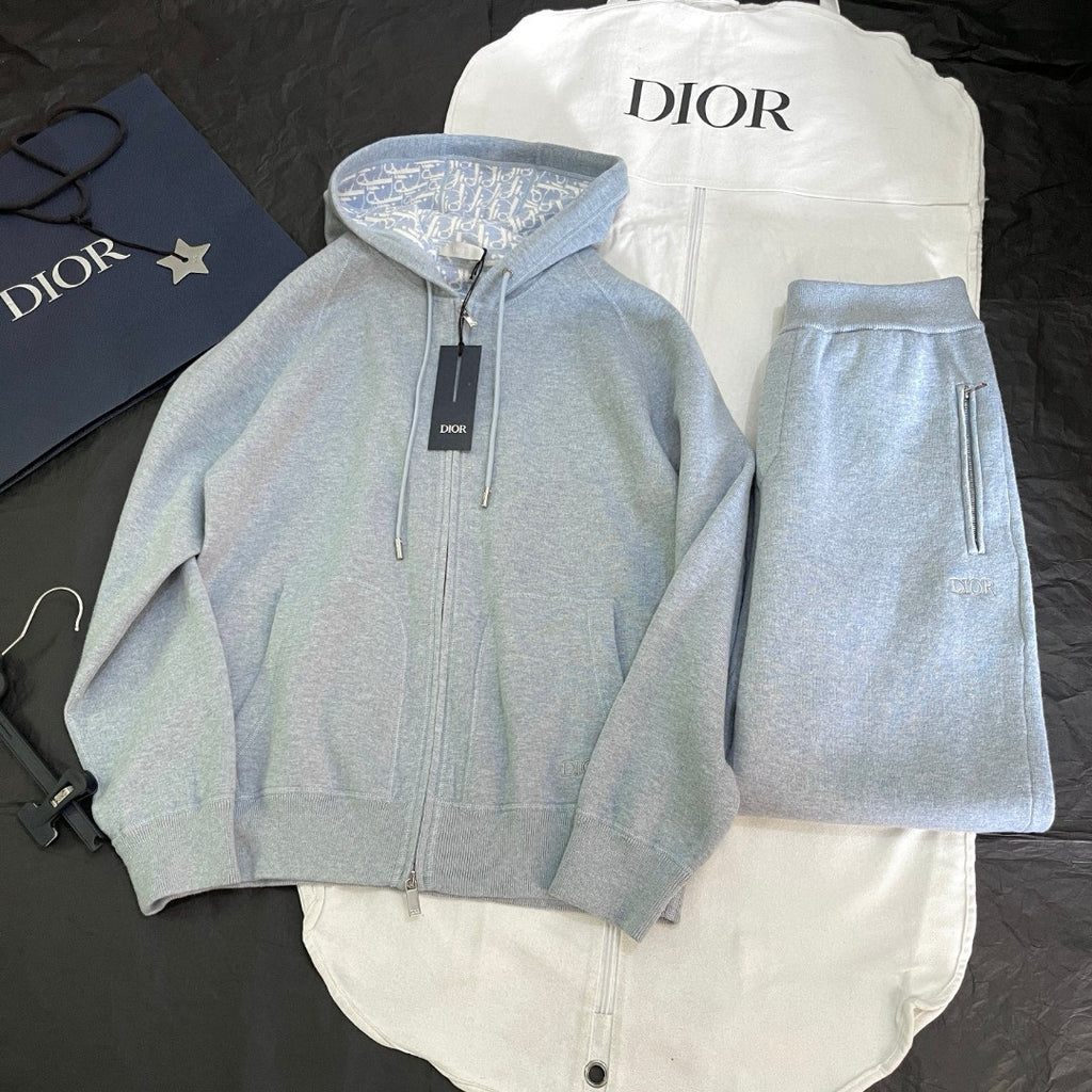 Dior Men's Spring And Autumn Lining Full Print Zipper Cotton Cashmere Solid Color Hooded Track Jacket Casual Elastic Sports Pants #77855