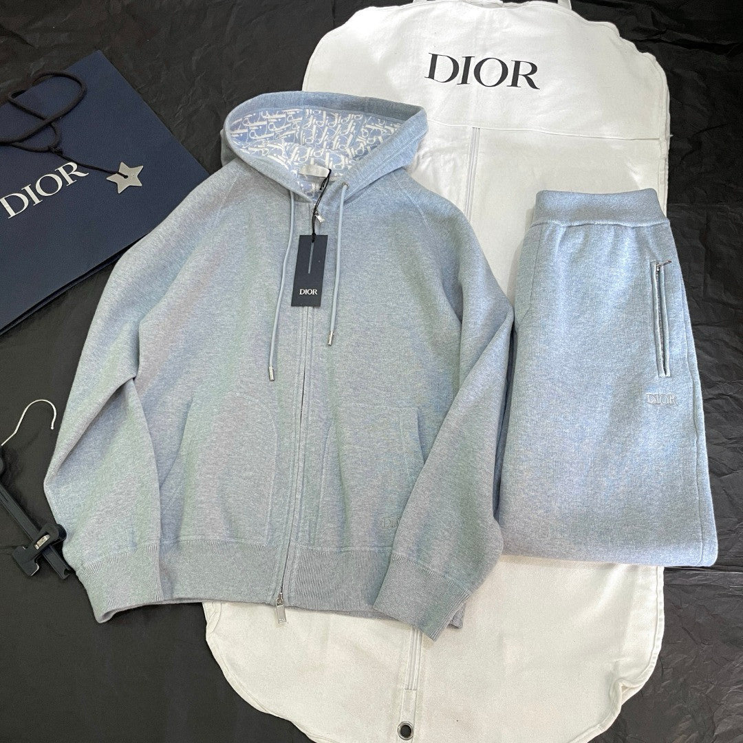 Dior Men's Spring And Autumn Lining Full Print Zipper Cotton Cashmere Solid Color Hooded Track Jacket Casual Elastic Sports Pants #77855