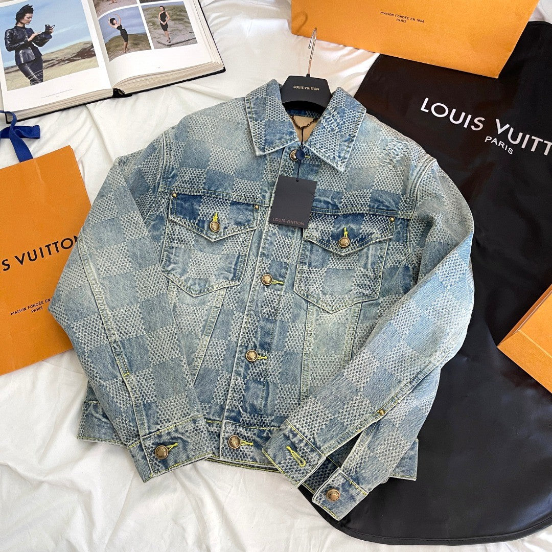 Louis Vuitton Men's Spring And Fall Checkerboard Print Single Breasted Long Sleeved Denim Jacket Button Jeans Pants Suit Set #75884