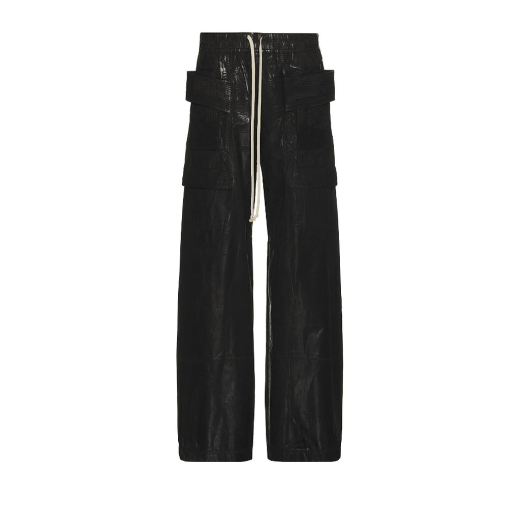 Rick Owens DRKSHDW Men's Spring Summer Waxed Double Loop Wide Leg Trousers Black High Street Shiny Loose Drawstring Straight Leg Trousers Drawstring Pants  Ngvp #1346