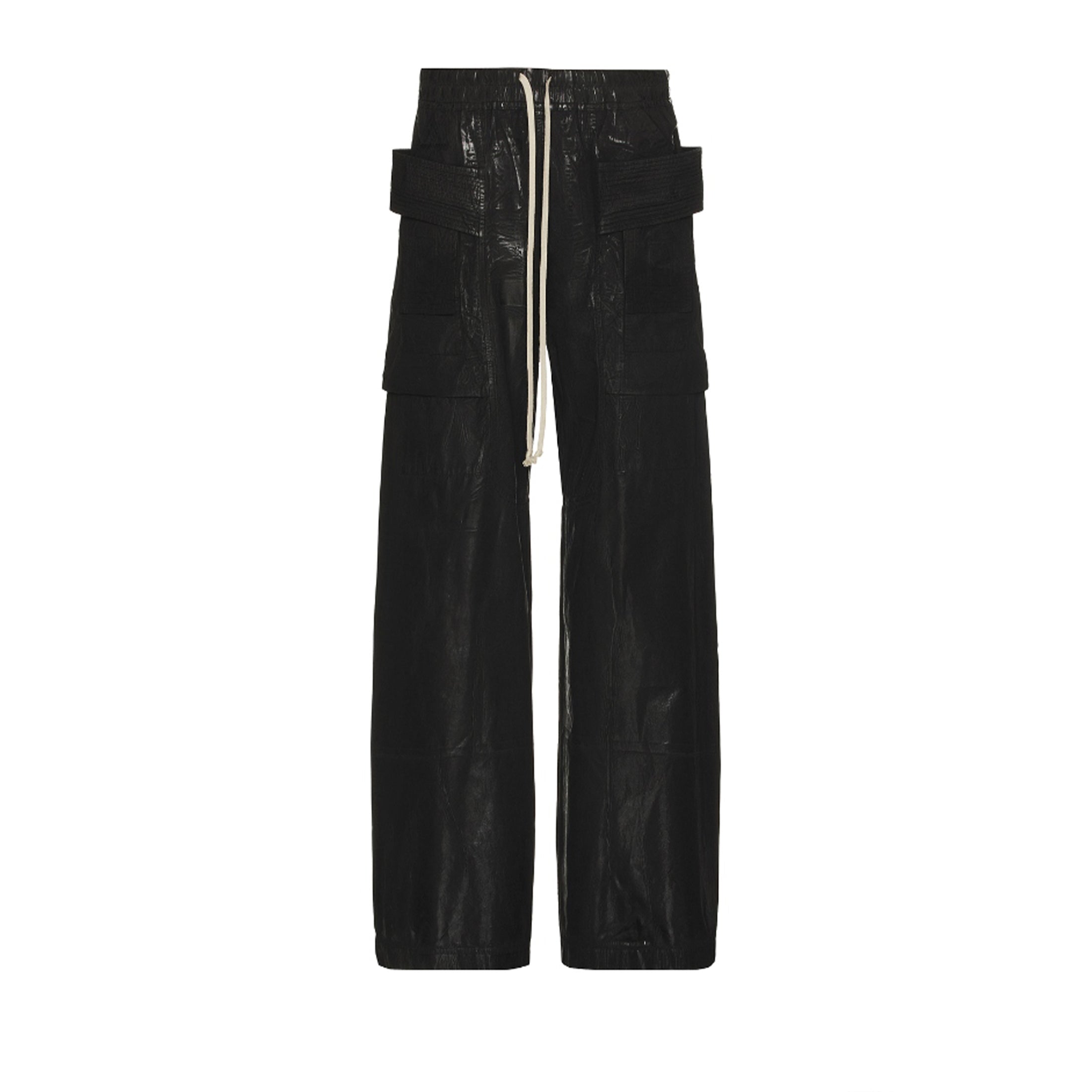 Rick Owens DRKSHDW Men's Spring Summer Waxed Double Loop Wide Leg Trousers Black High Street Shiny Loose Drawstring Straight Leg Trousers Drawstring Pants  Ngvp #1346