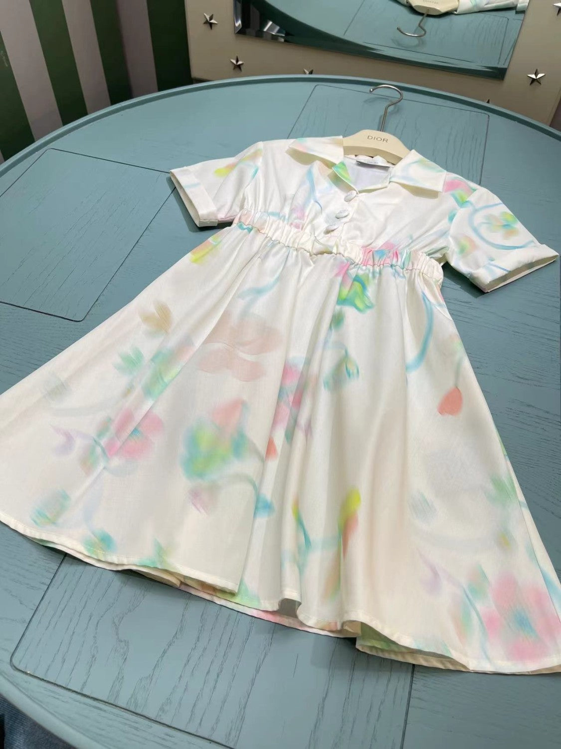 Dior Kid's Summer Floral Printed Lapel Mid-Length Fitted Short Sleeve Flared Dress #31291