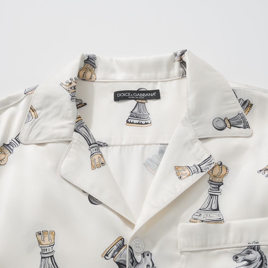 Dolce&Gabbana Men's And Women's Spring And Summer Chess Printing Single Breasted Long Sleeved Shirt Elastic Waist Tie Casual Pants Suit Set #75724