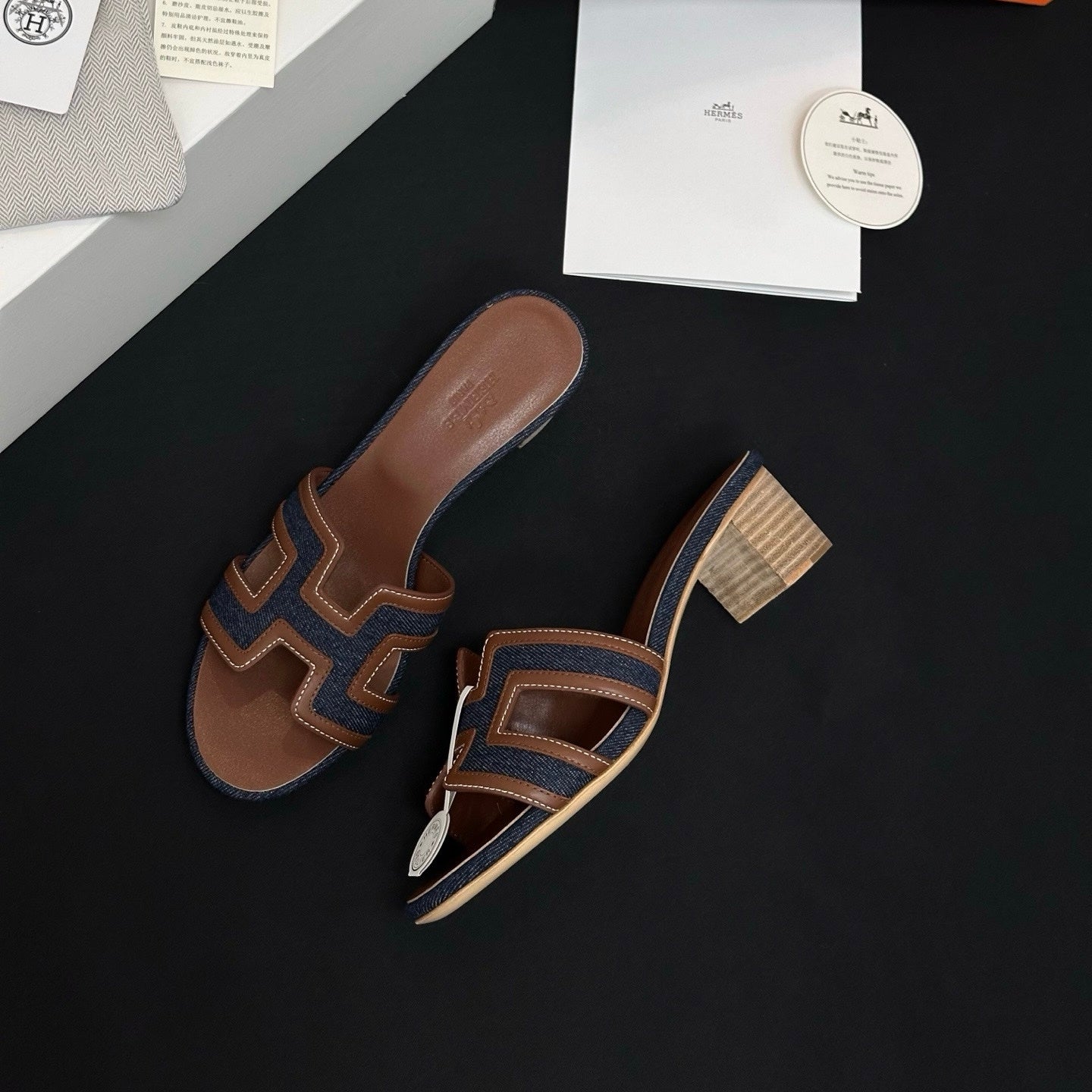 Hermès High-heeled Denim Patchwork Slippers #385101