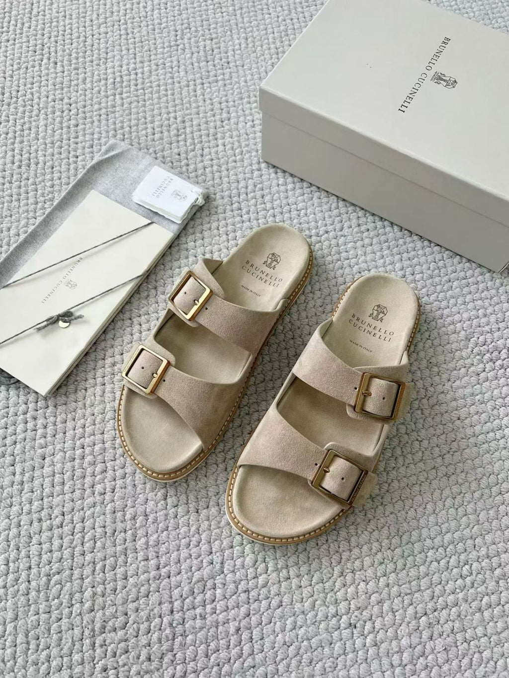 Brunello Cucinelli Suede slides with buckles for Man in Hazelnut