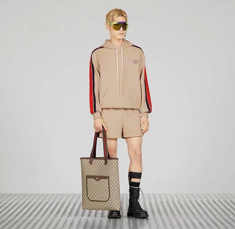 Gucci Men's Summer Striped Logo Print Hooded Sweatshirt Pullover Tie High Waisted Shorts Set Suit #98813