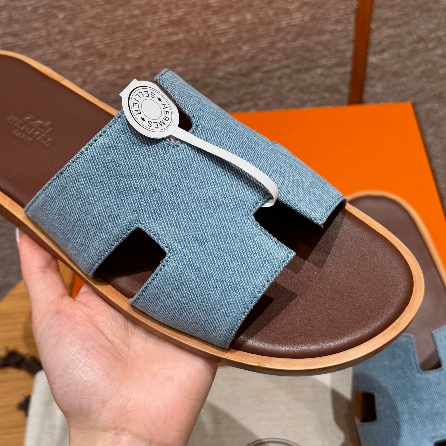Hermes  Men's Summer Izmir Sandals Embroidered Leather Cowboy Round Toe Flat Casual Slippers Shoes #81317