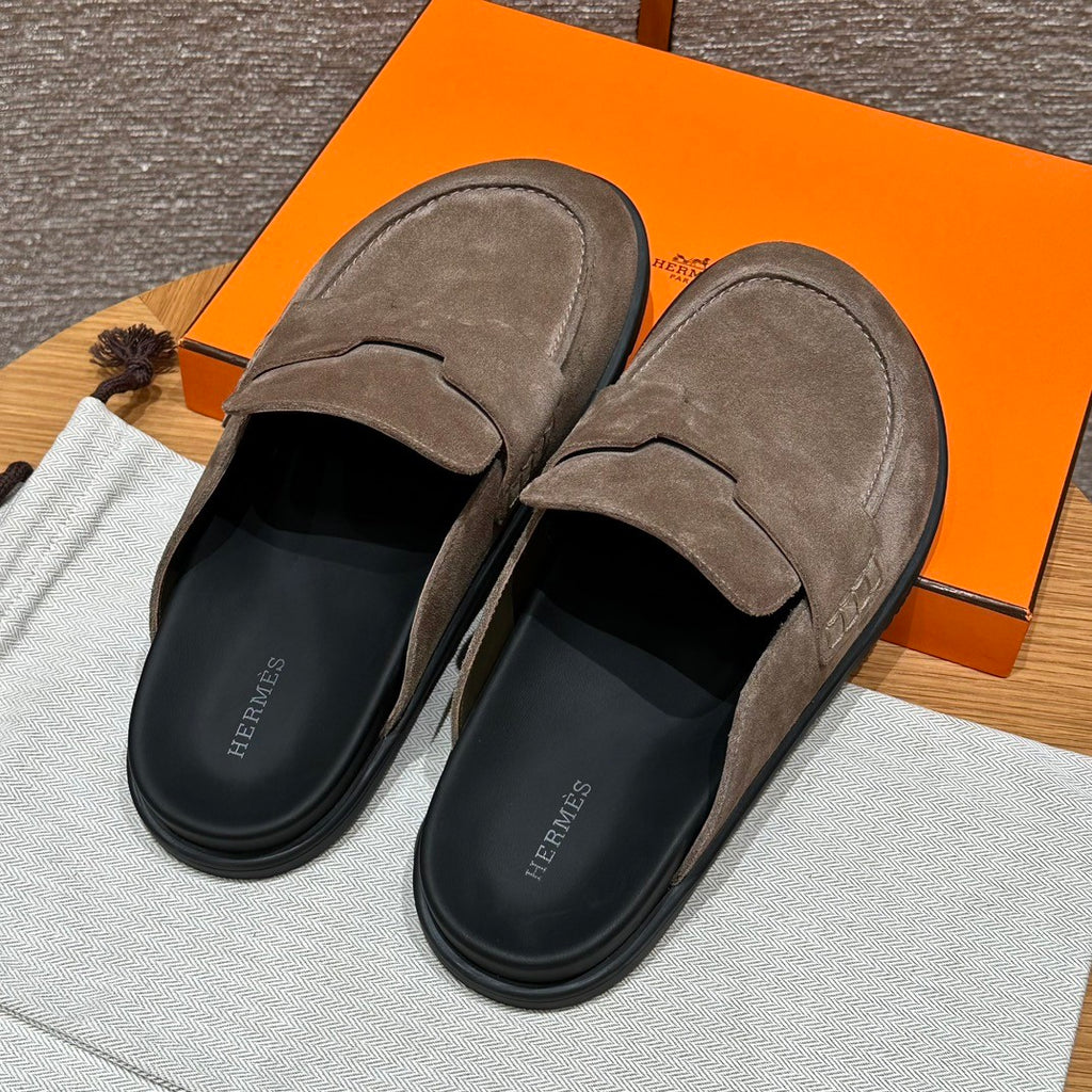 Hermes Men's Spring And Summer Solid Color Calfskin Round Head Flat Bottom Baotou Birkenstock Slippers Shoes #75495