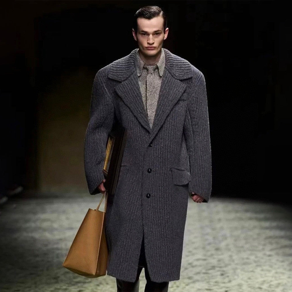 Bottega Veneta Men's Autumn And Winter Solid Color Lapel Single Breasted Wool Knit Long Straight Jacket Ngvp #7572