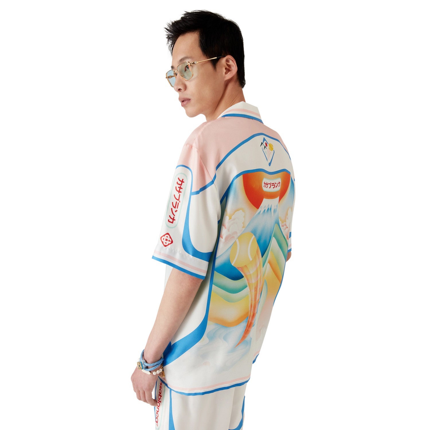 Casablanca Men's Summer Fashion Casual Volcano Print Single-Breasted Silk Short Sleeve Shirt with Waist Elastic Silk Shorts Suit Set #78743