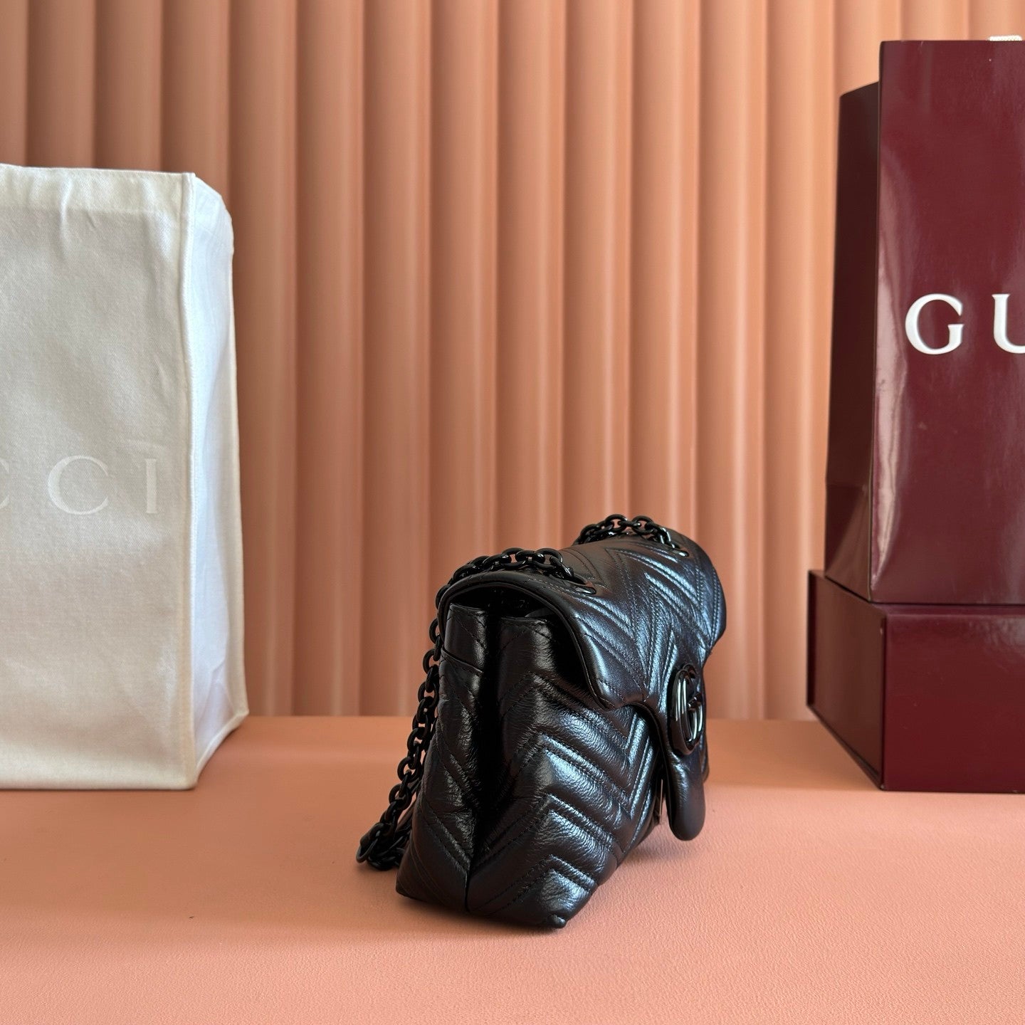 Gucci Gg Marmont Collection Handbag Soft Black Calfskin With Quilted V-shaped Napa Leather Double G Design Bag Bags #196672