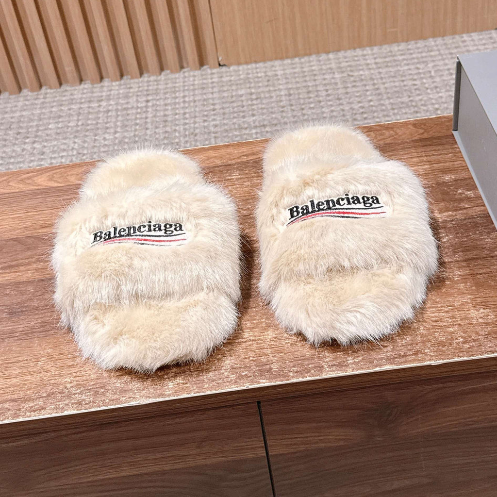 Balenciaga Women's Fall/Winter Casual Round Toe Open Back Wool Embroidered Logo Slippers Shoes #78917