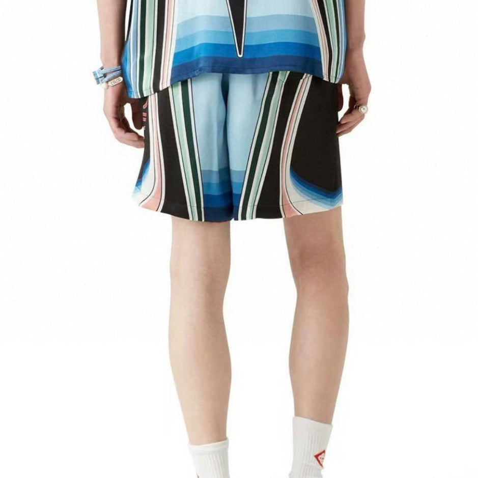 Casablanca Men's Summer Fashion Casual Crew Neck Geometric Mountain Pattern Silk Short-Sleeve T-Shirt Elastic Drawstring Mountain Pattern Silk Shorts Suit Set #78591