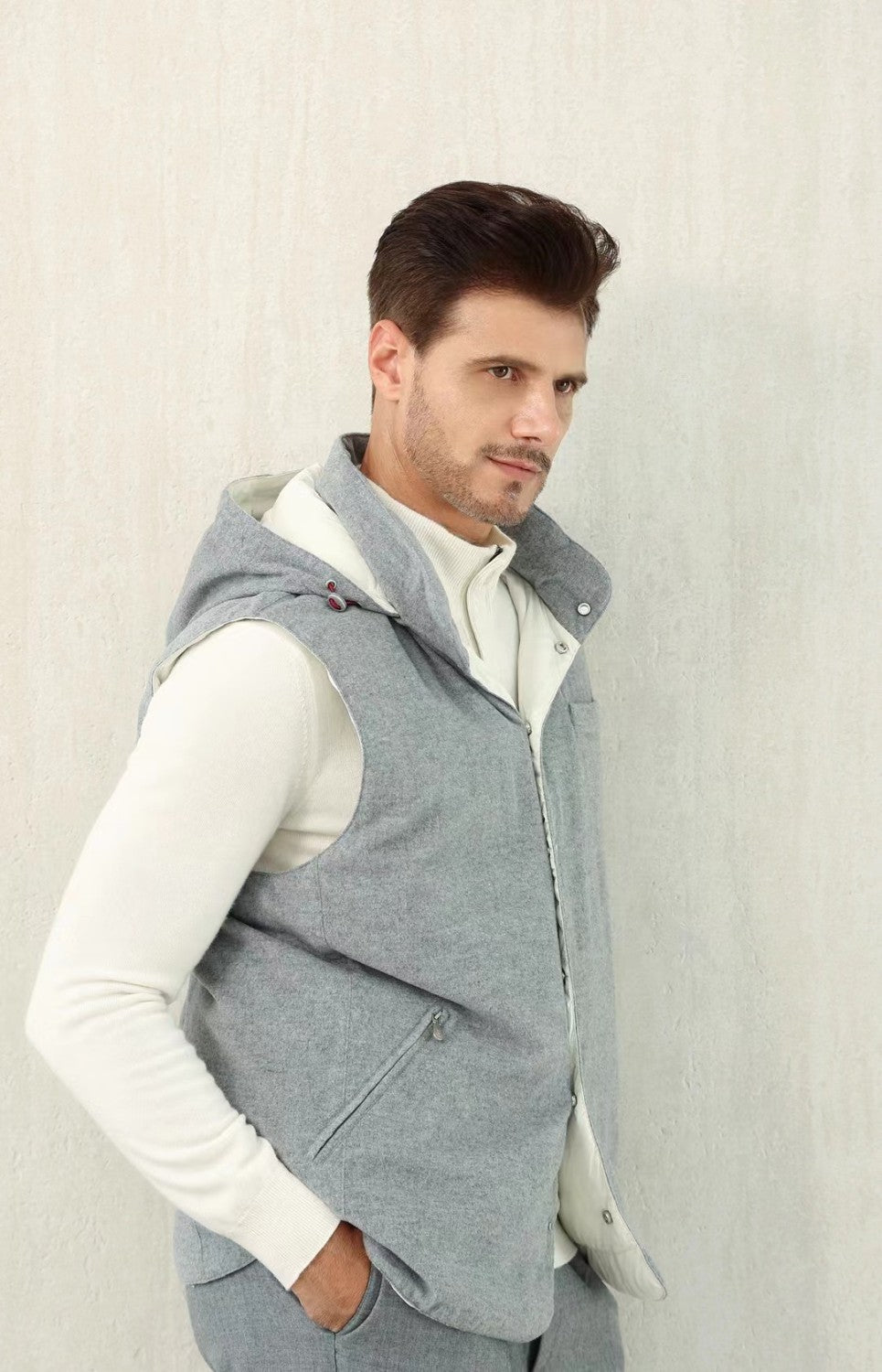 Brunello Cucinelli Men's Spring/Autumn Detachable Hooded Solid Color Single-Breasted Bonded Wool Flannel Down Vest Ngvp #2293