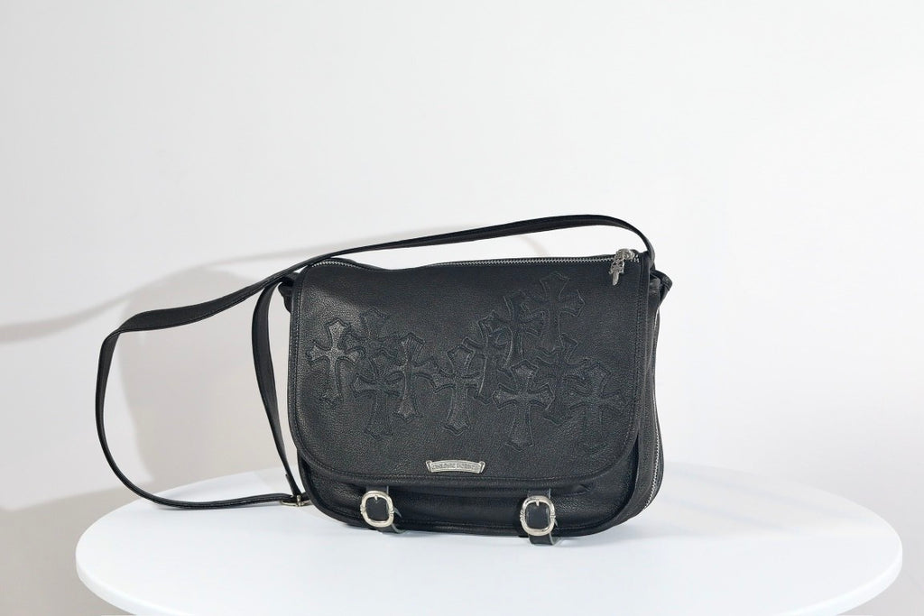 Chrome Hearts  vintage Cross-stitch Flap Shoulder Bag Messenger Style Cowhide Leather 925 Sterling Silver Hardware Total Silver Weight: Approx. 116g #81943A