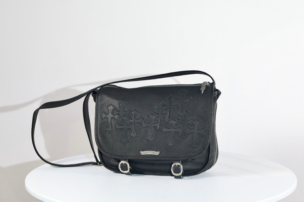 Chrome Hearts  vintage Cross-stitch Flap Shoulder Bag Messenger Style Cowhide Leather 925 Sterling Silver Hardware Total Silver Weight: Approx. 116g #81943A