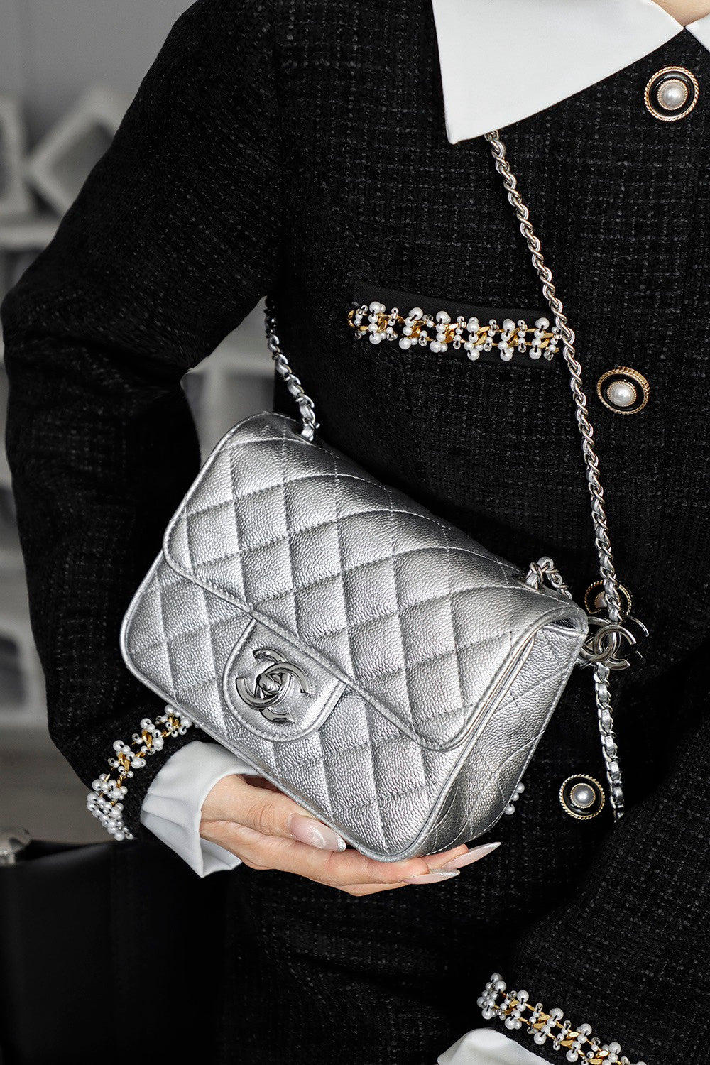 Chanel Classic Flap CF Lambskin Chain Bag Shoulder Bag Women's Silver #334148