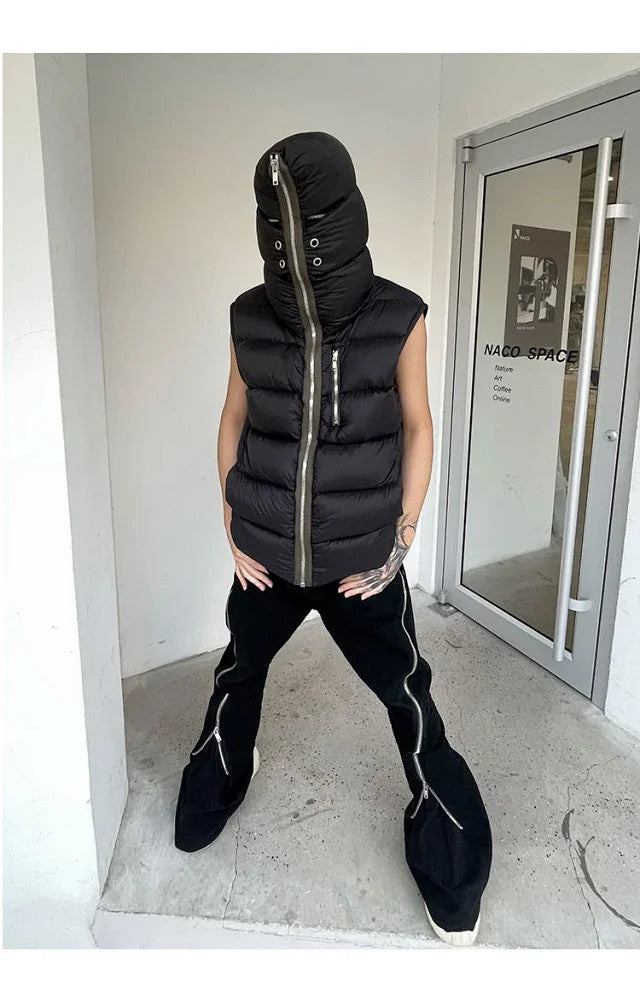 Rick Owens Men's Fall/Winter Dark Style Casual Solid-Color Full-Zip Hooded Quilted Down Vest Ngvp #2521