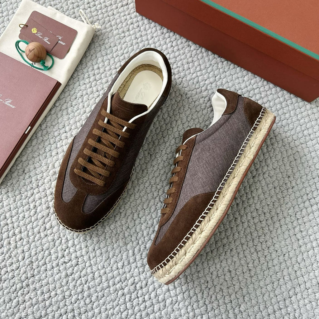 Loro Piana Men's Solid Colour Round Toe Suede and Canvas Low Top Lace-up Flat Shoes #77651