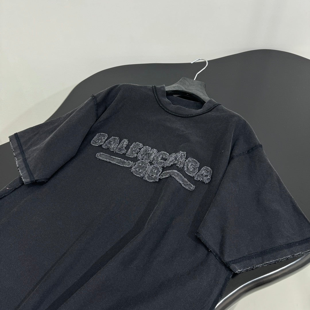 Balenciaga Men's Summer Applique Embroidery Letter Print Round Neck Solid Color Short Sleeve T-Shirt #75233