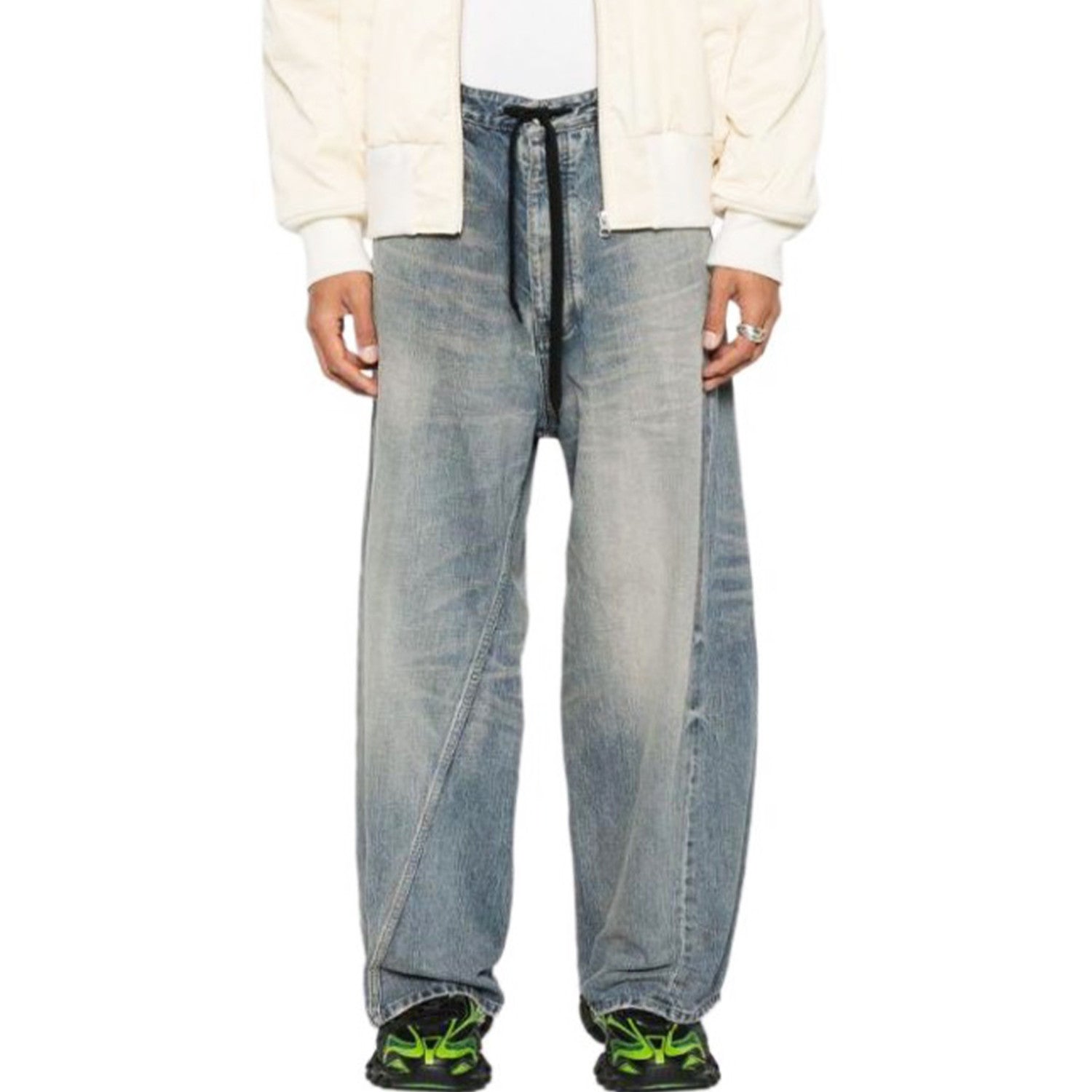 Balenciaga Men's And Women's Seasonal Lace Up Waistband Vintage Broken High Street Gradient Straight Leg Jeans Pants Ngvp #8765