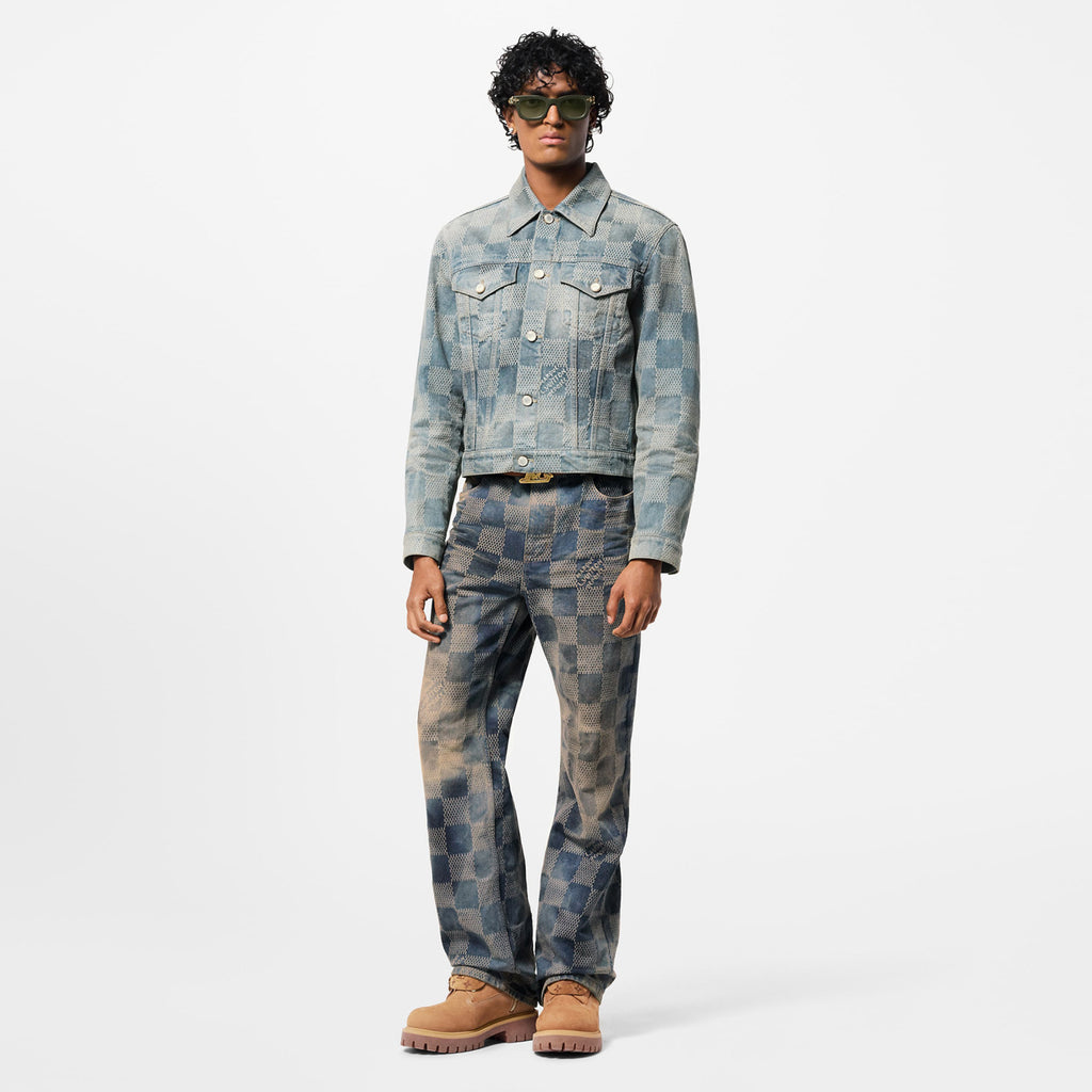 Louis Vuitton Men's Damier Washed Skateboarding Jeans Spring And Autumn Checkerboard Check Vintage Old Denim Trousers Straight Wide-leg Pants #71847