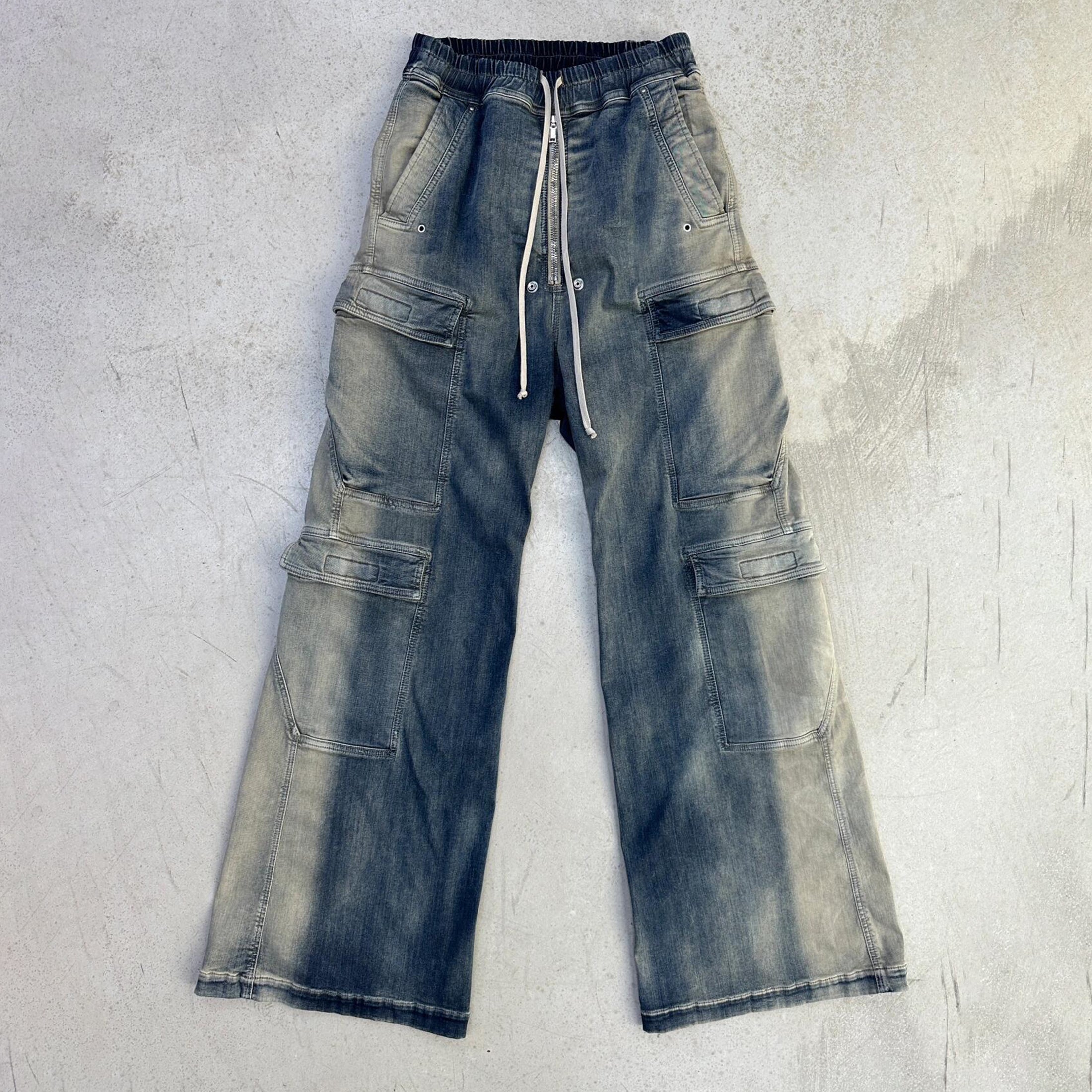 Rick Owens Men's Spring And Summer High Street Trend Gradient Pocket Denim Pants Retro Fashion Trend Loose Pants Ngvp #1743