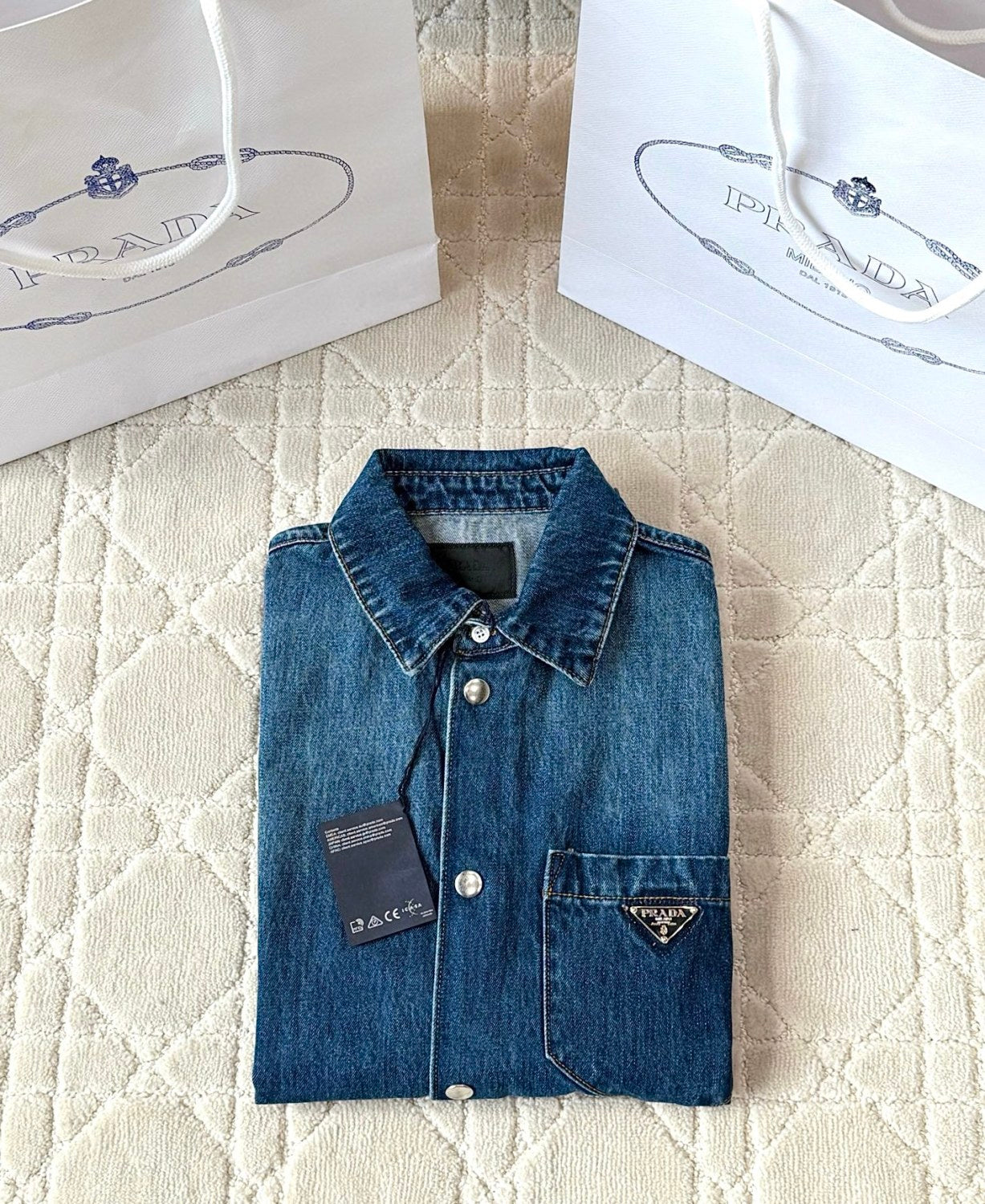 Prada Men's Spring Summer Solid Colour Metal Triangle Logo Single Breasted Short Sleeve Denim Shirt Jacket #76867