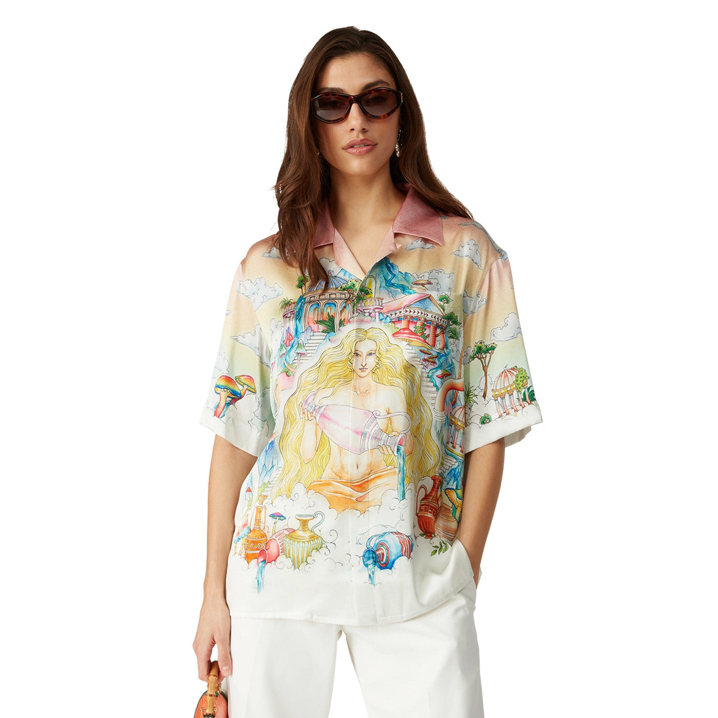Casablanca Men's Printed Summer Lapel Single-Breasted Silk Loose Short-Sleeved Shirt Ngvp #9887